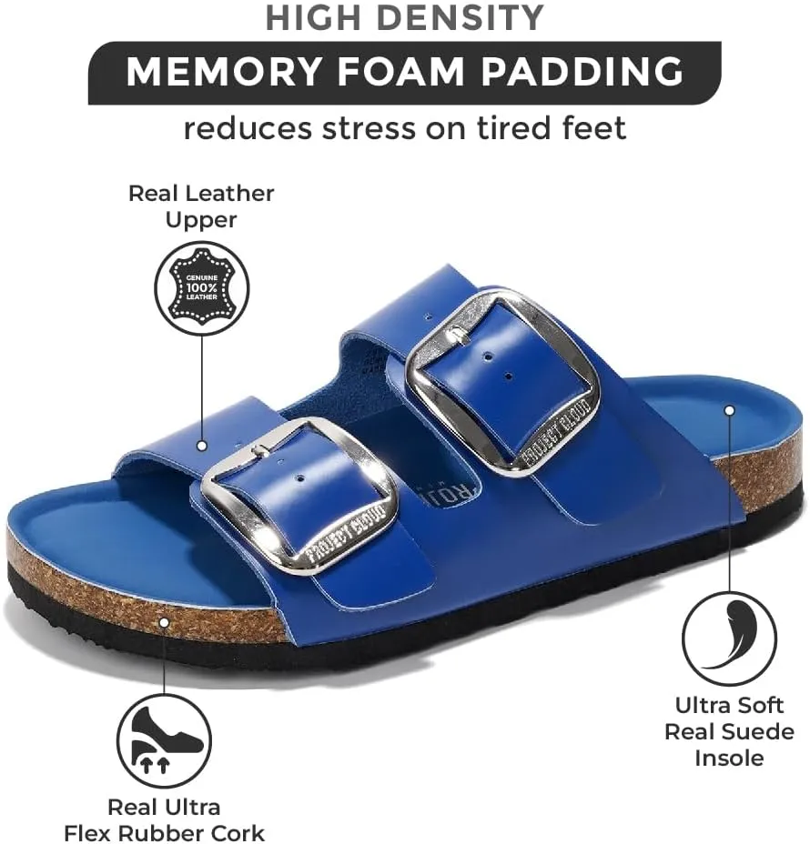 Project Cloud Genuine Leather Flat Sandals Comfortable Beach Essentials Womens Sandals Memory Foam Vacation Essentials Slides for Women Footwear (Santorini)