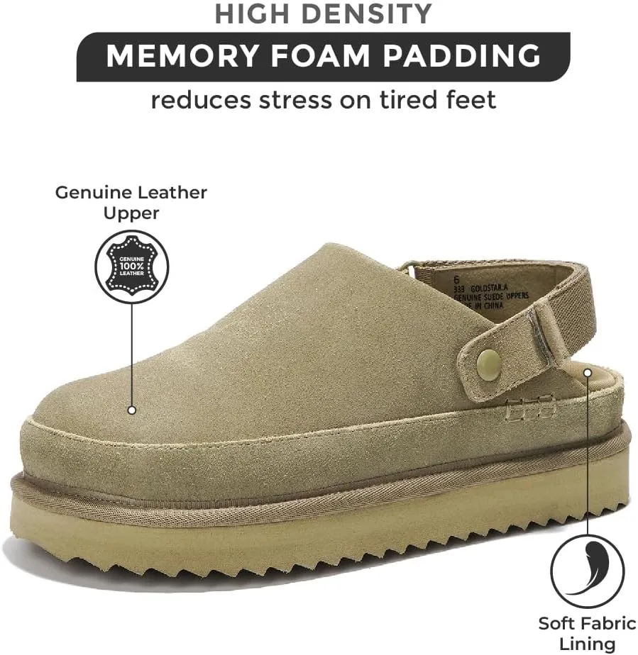 Project Cloud Genuine Suede Clogs for Women - Memory Foam Womens Clogs & Mules with Adjustable Straps - Lightweight Platform Shoes Non-Slip Slides (Goldstar)
