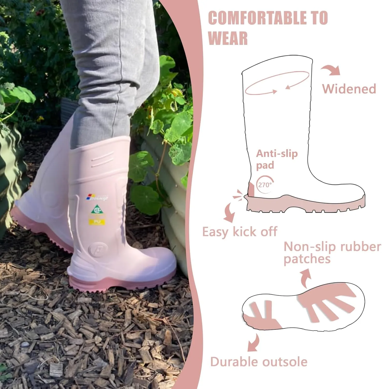 PU Rubber Boots for Women - ASTM Steel Toe & Puncture Resistant Safety, Waterproof Insulated Mud Rain, Anti-slip Garden Farm Work With 2 Insoles