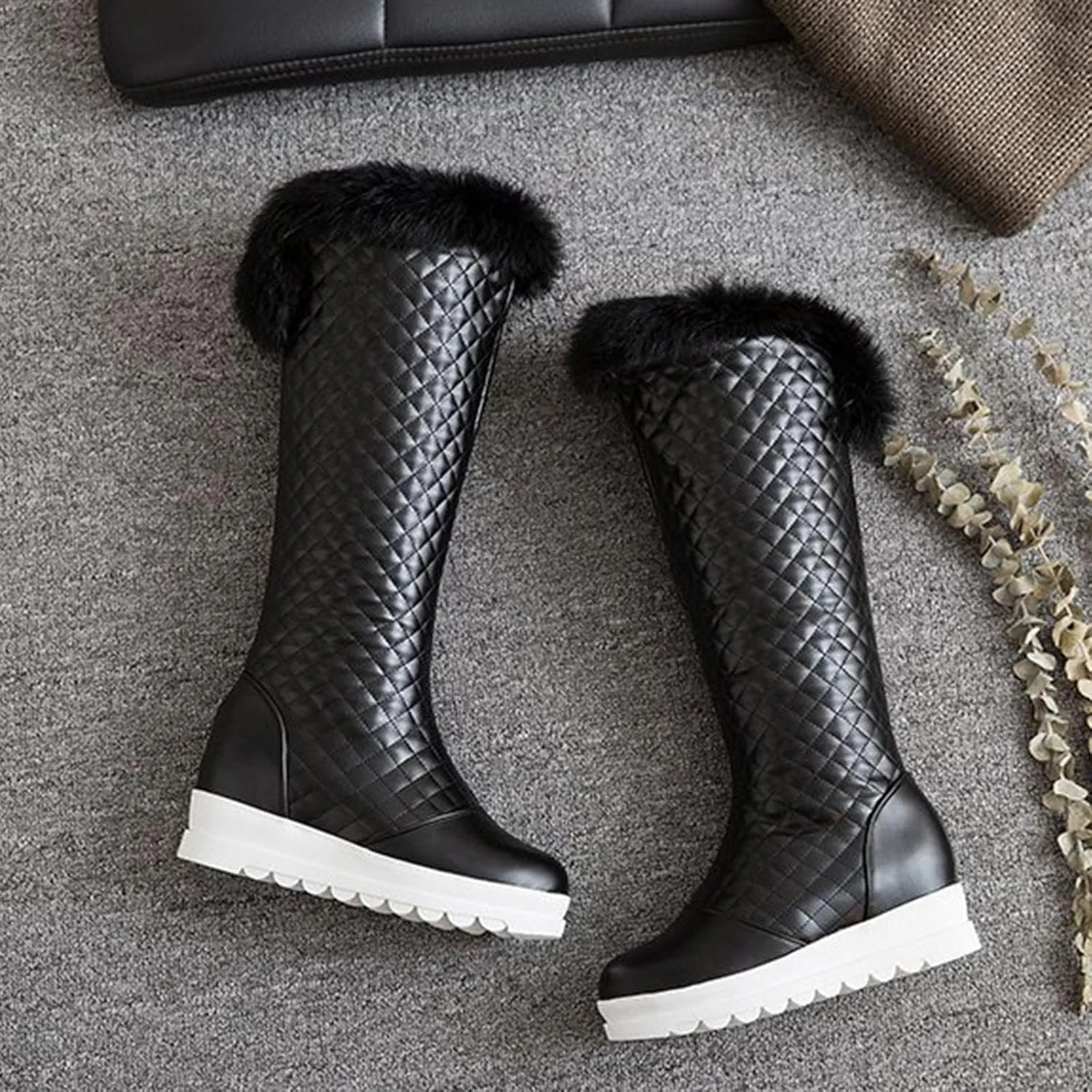 Raw Edge Thick Soled Snow Boots, Round Toe Side Zip Knee Boots Short Plush Lined Warm Straight Boots Pu Leather Casual Fashion Performance Boots