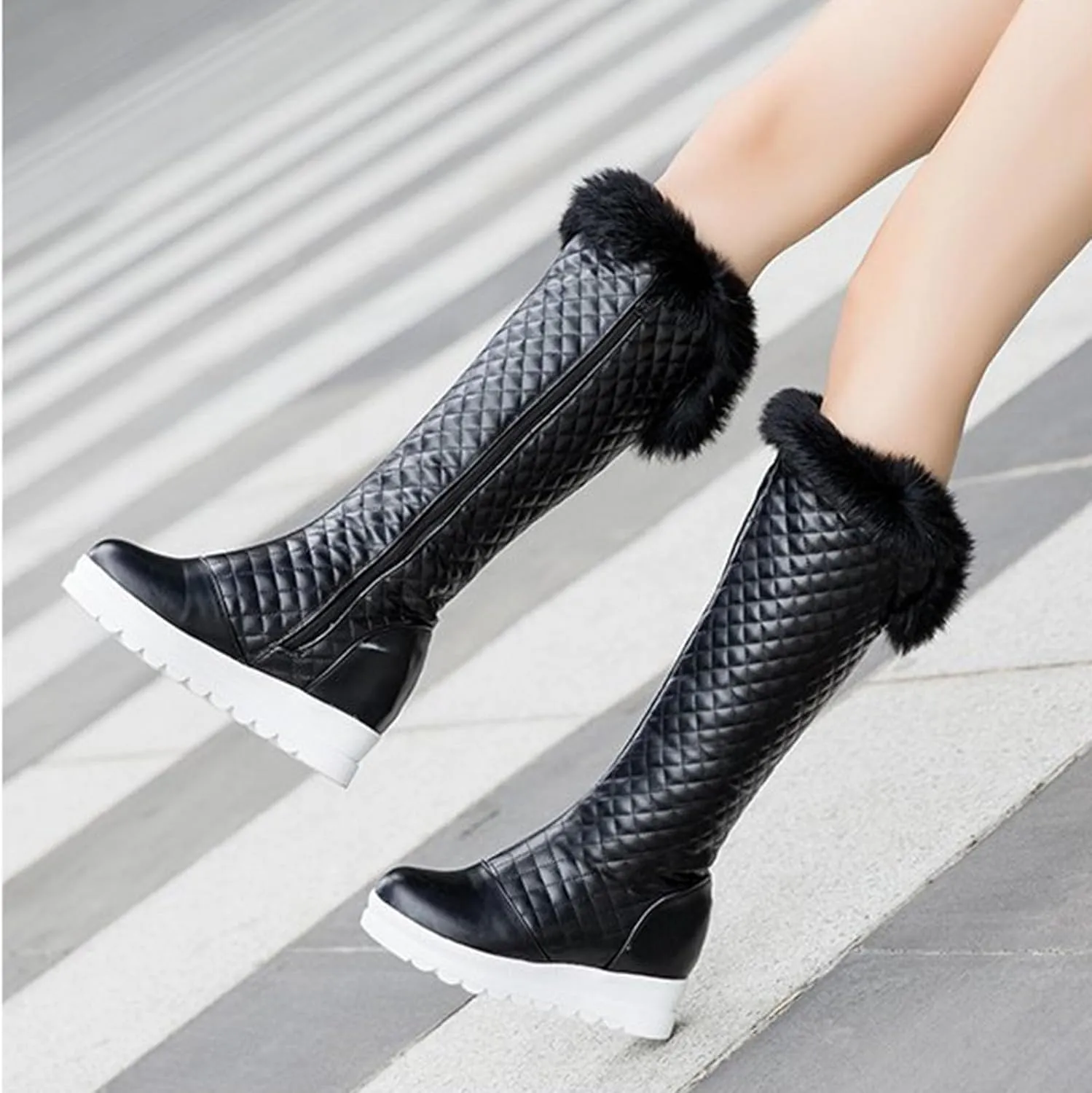 Raw Edge Thick Soled Snow Boots, Round Toe Side Zip Knee Boots Short Plush Lined Warm Straight Boots Pu Leather Casual Fashion Performance Boots