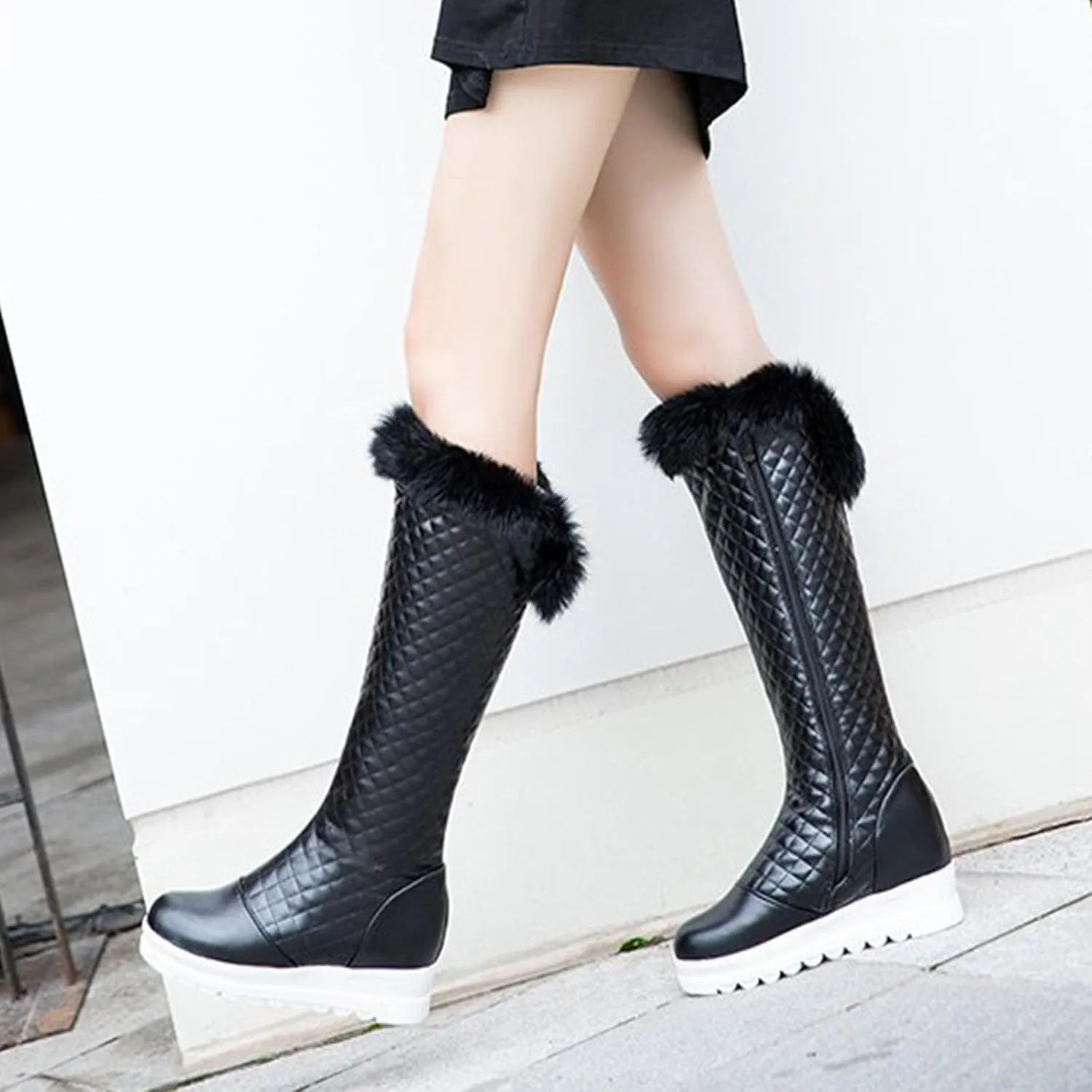 Raw Edge Thick Soled Snow Boots, Round Toe Side Zip Knee Boots Short Plush Lined Warm Straight Boots Pu Leather Casual Fashion Performance Boots