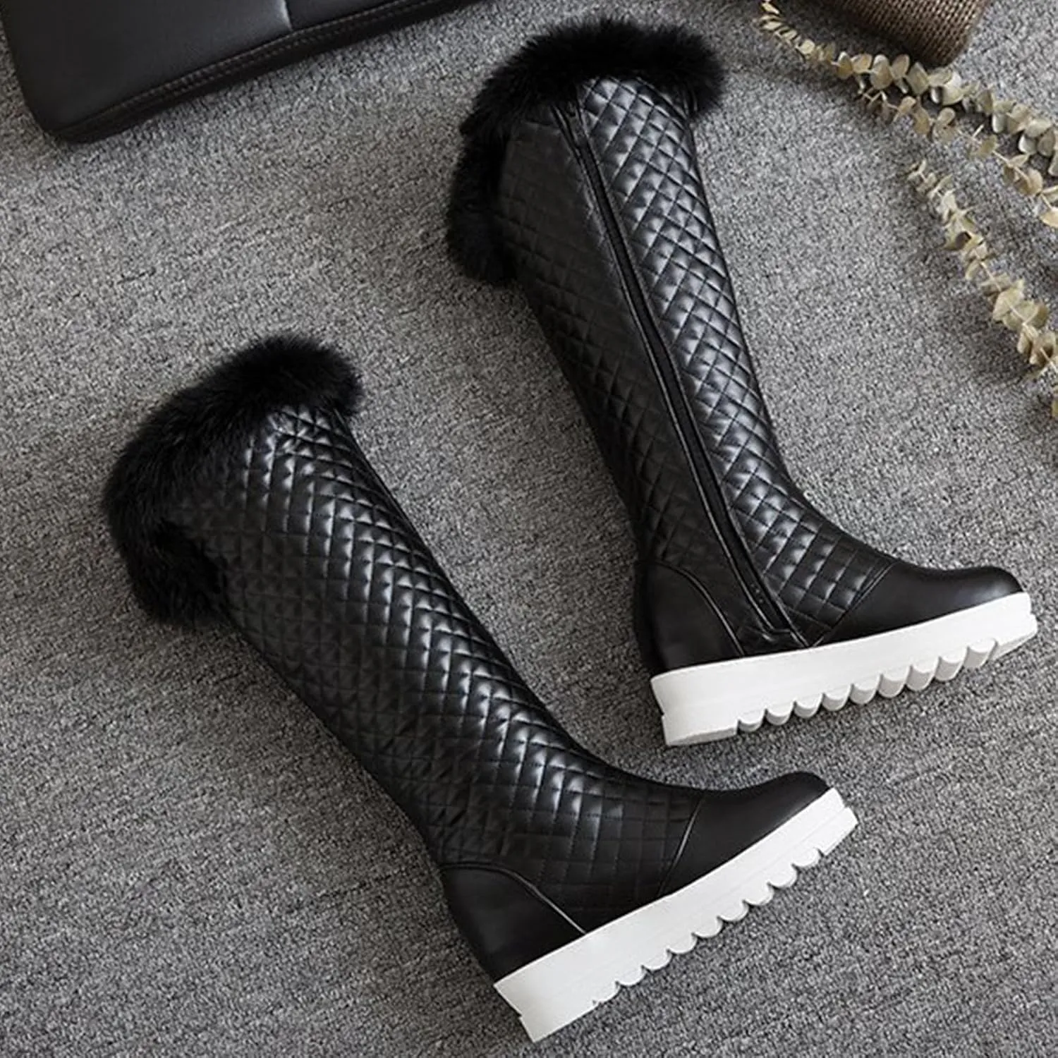 Raw Edge Thick Soled Snow Boots, Round Toe Side Zip Knee Boots Short Plush Lined Warm Straight Boots Pu Leather Casual Fashion Performance Boots