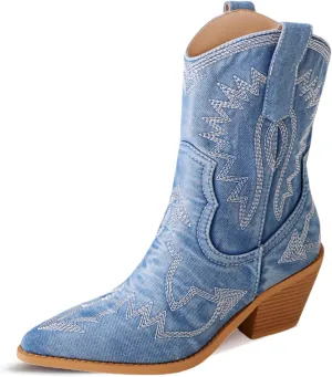 Reitoye Women's Embroidered Western Cowboy Boots Mid Calf Chunky Heel Pull-Up Tabs Classic Cowgirl Boot