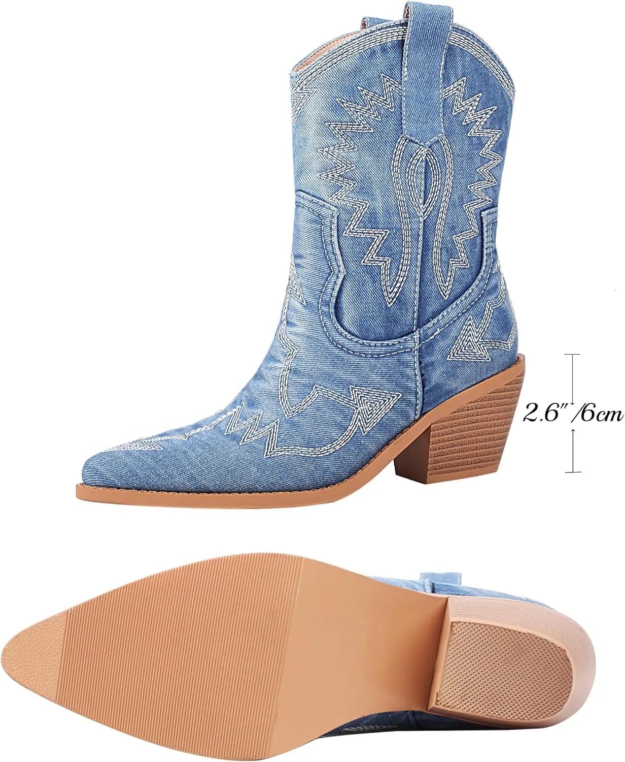 Reitoye Women's Embroidered Western Cowboy Boots Mid Calf Chunky Heel Pull-Up Tabs Classic Cowgirl Boot