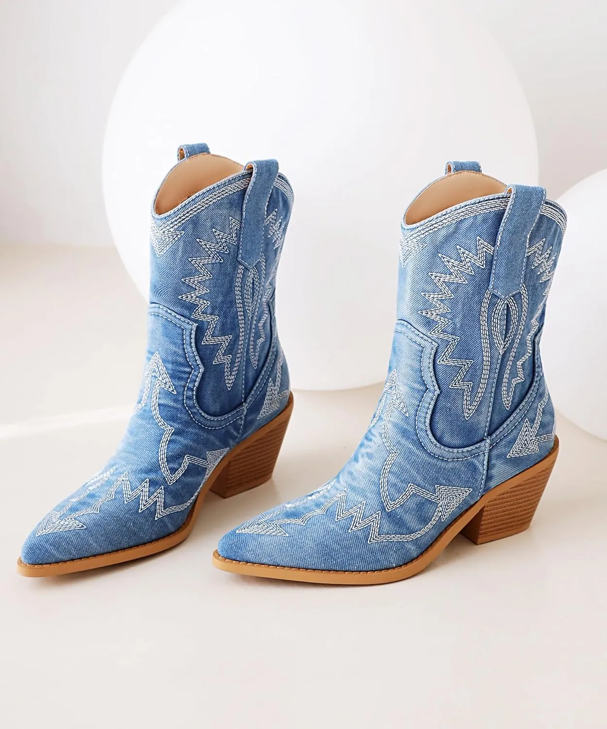 Reitoye Women's Embroidered Western Cowboy Boots Mid Calf Chunky Heel Pull-Up Tabs Classic Cowgirl Boot