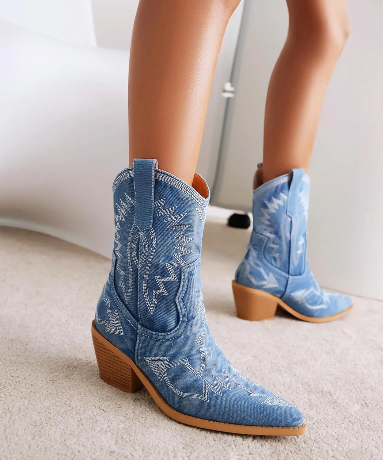 Reitoye Women's Embroidered Western Cowboy Boots Mid Calf Chunky Heel Pull-Up Tabs Classic Cowgirl Boot