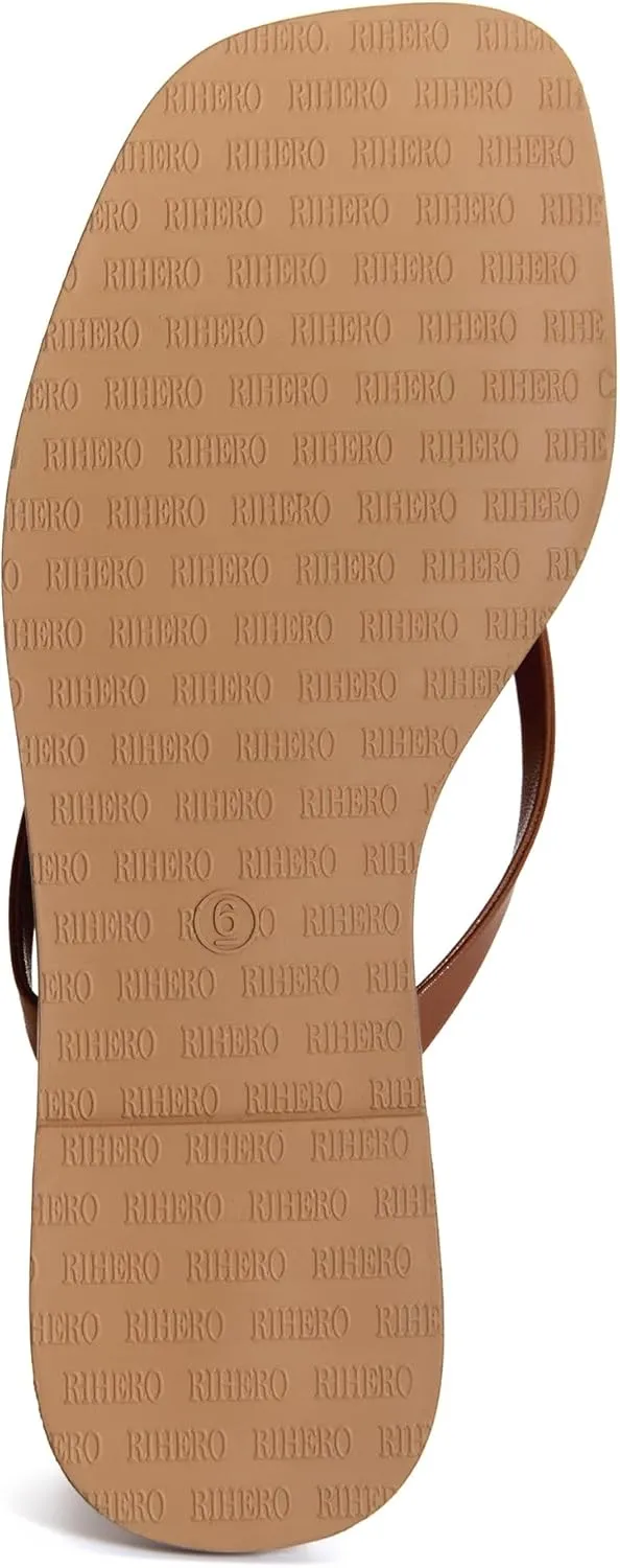 Rihero Flip Flops for Women Comfortable Square Toe Beach Sandals Slip On Leather Thong Flat Sandals Dressy