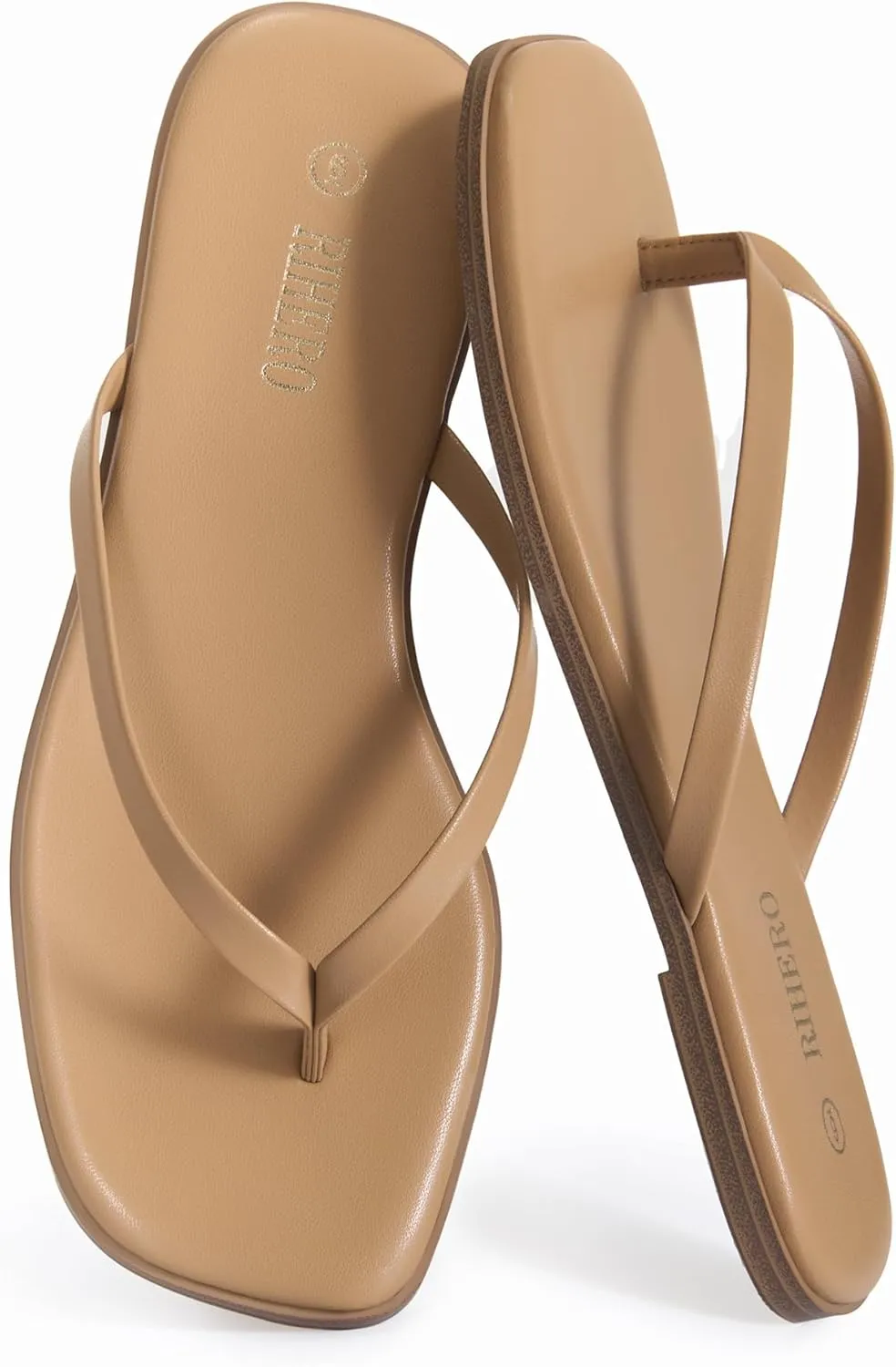 Rihero Flip Flops for Women Comfortable Square Toe Beach Sandals Slip On Leather Thong Flat Sandals Dressy