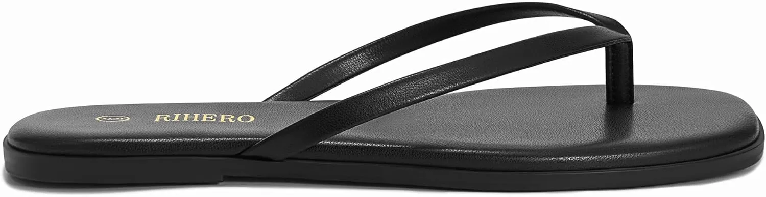Rihero Flip Flops for Women Comfortable Square Toe Beach Sandals Slip On Leather Thong Flat Sandals Dressy