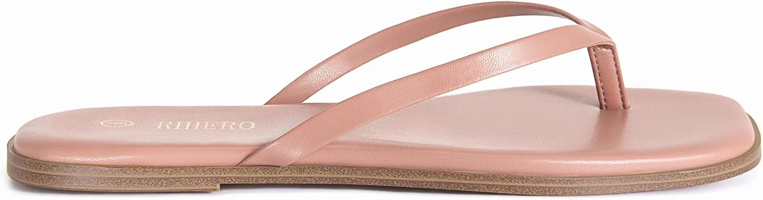 Rihero Flip Flops for Women Comfortable Square Toe Beach Sandals Slip On Leather Thong Flat Sandals Dressy