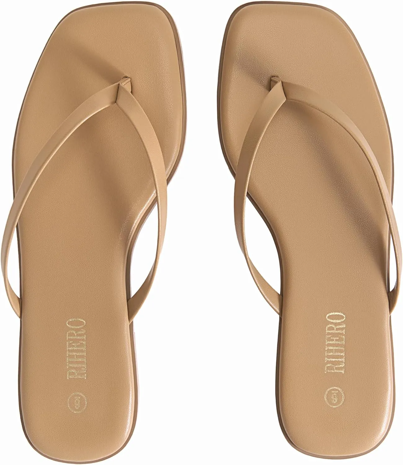 Rihero Flip Flops for Women Comfortable Square Toe Beach Sandals Slip On Leather Thong Flat Sandals Dressy