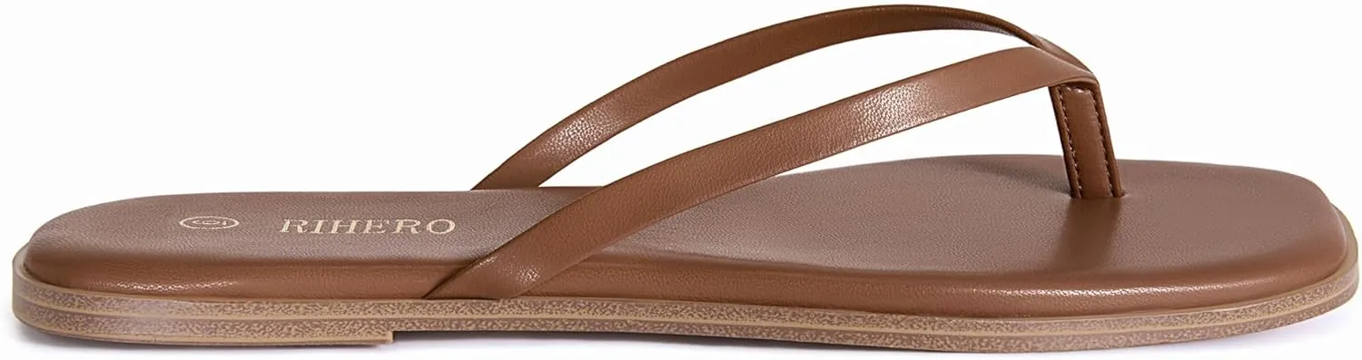 Rihero Flip Flops for Women Comfortable Square Toe Beach Sandals Slip On Leather Thong Flat Sandals Dressy