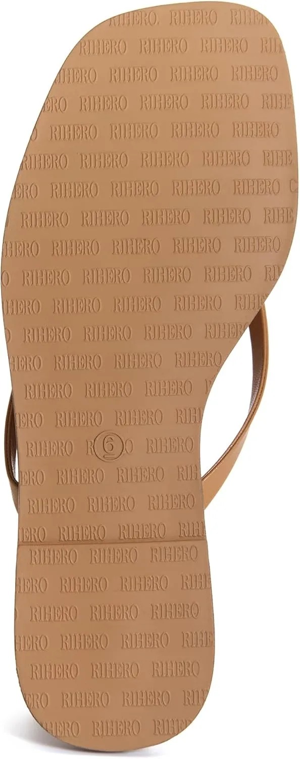 Rihero Flip Flops for Women Comfortable Square Toe Beach Sandals Slip On Leather Thong Flat Sandals Dressy