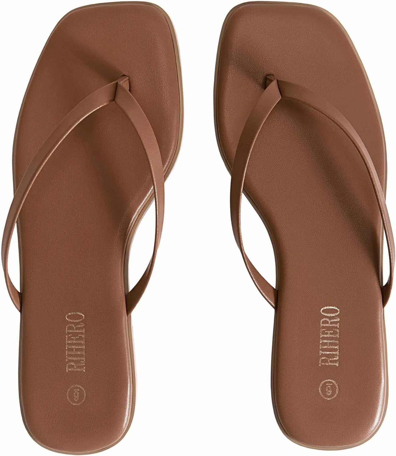 Rihero Flip Flops for Women Comfortable Square Toe Beach Sandals Slip On Leather Thong Flat Sandals Dressy