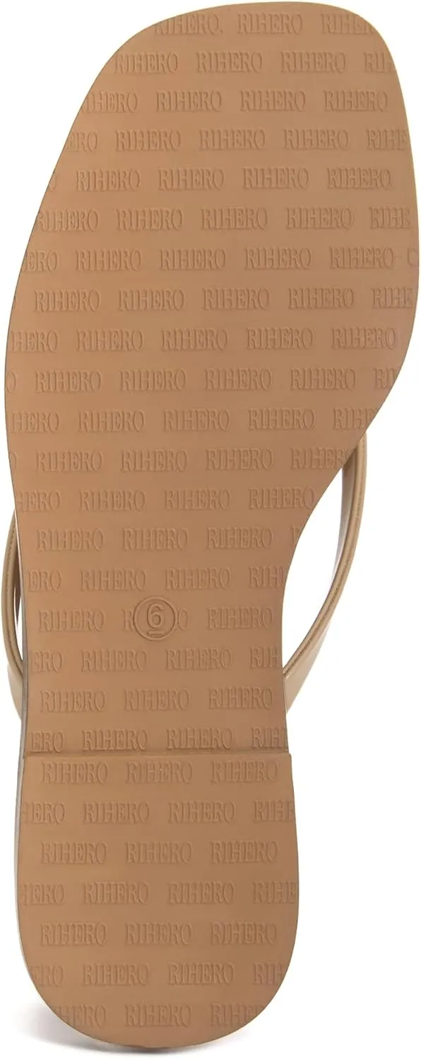 Rihero Flip Flops for Women Comfortable Square Toe Beach Sandals Slip On Leather Thong Flat Sandals Dressy