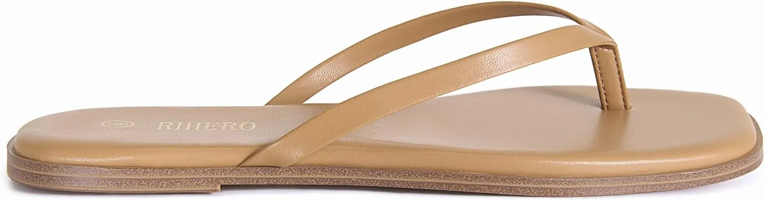 Rihero Flip Flops for Women Comfortable Square Toe Beach Sandals Slip On Leather Thong Flat Sandals Dressy