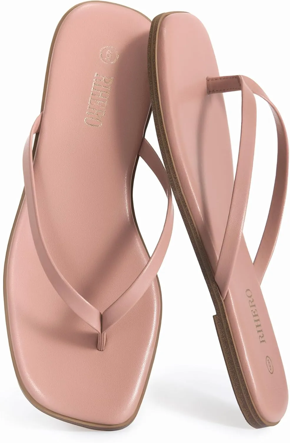 Rihero Flip Flops for Women Comfortable Square Toe Beach Sandals Slip On Leather Thong Flat Sandals Dressy