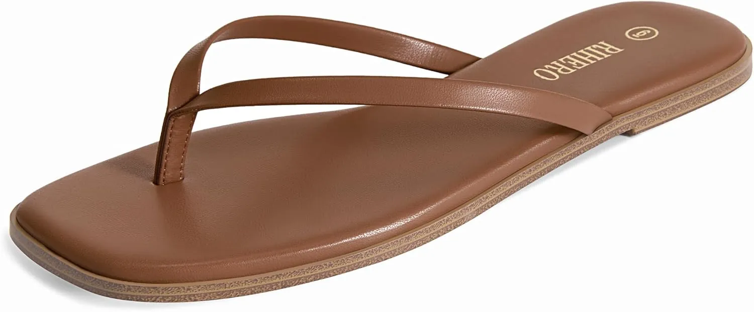 Rihero Flip Flops for Women Comfortable Square Toe Beach Sandals Slip On Leather Thong Flat Sandals Dressy