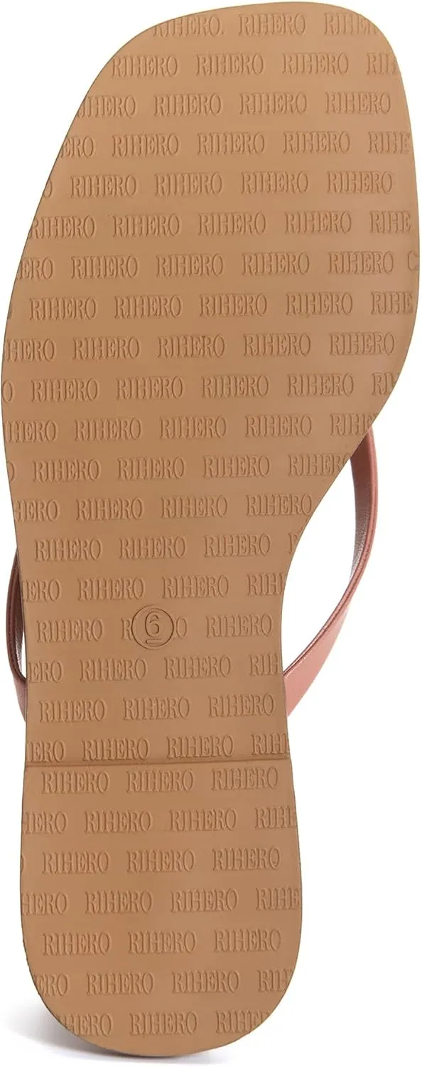 Rihero Flip Flops for Women Comfortable Square Toe Beach Sandals Slip On Leather Thong Flat Sandals Dressy
