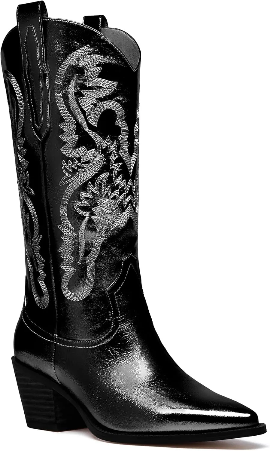 RKQ Women's Sparkle Metallic Mid Calf Cowboy Boots Glitter Wide-calf Embroidered Cowgirl Boots Western Booties Pointed Toe Chunky Block Heel Pull On Tabs classic sexy party Boots