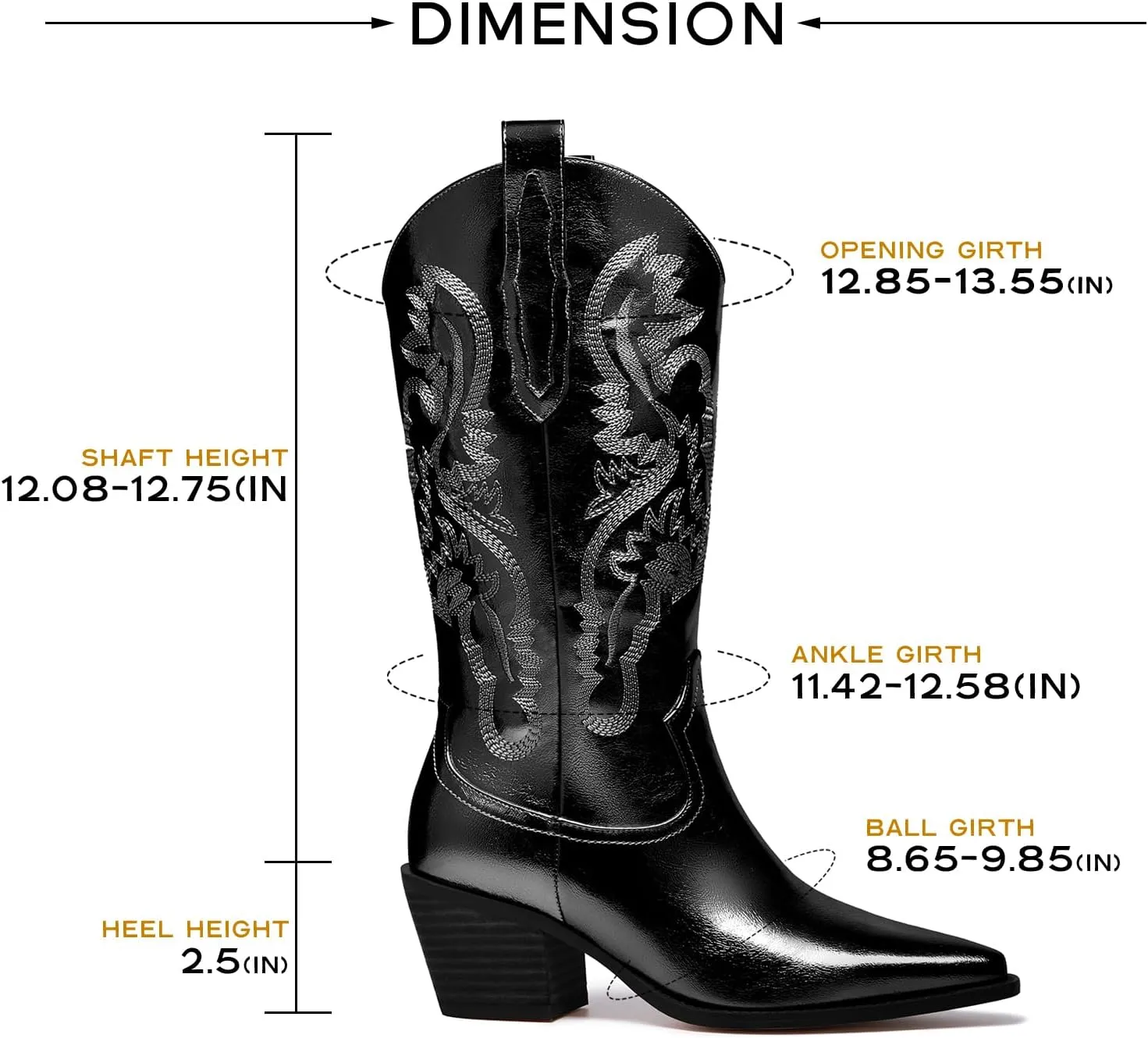 RKQ Women's Sparkle Metallic Mid Calf Cowboy Boots Glitter Wide-calf Embroidered Cowgirl Boots Western Booties Pointed Toe Chunky Block Heel Pull On Tabs classic sexy party Boots
