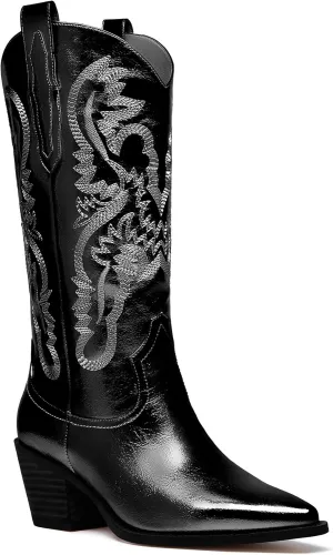 RKQ Women's Sparkle Metallic Mid Calf Cowboy Boots Glitter Wide-calf Embroidered Cowgirl Boots Western Booties Pointed Toe Chunky Block Heel Pull On Tabs classic sexy party Boots