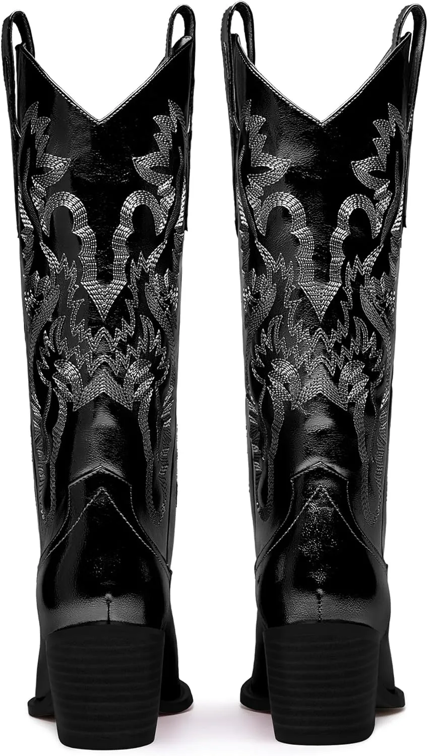 RKQ Women's Sparkle Metallic Mid Calf Cowboy Boots Glitter Wide-calf Embroidered Cowgirl Boots Western Booties Pointed Toe Chunky Block Heel Pull On Tabs classic sexy party Boots