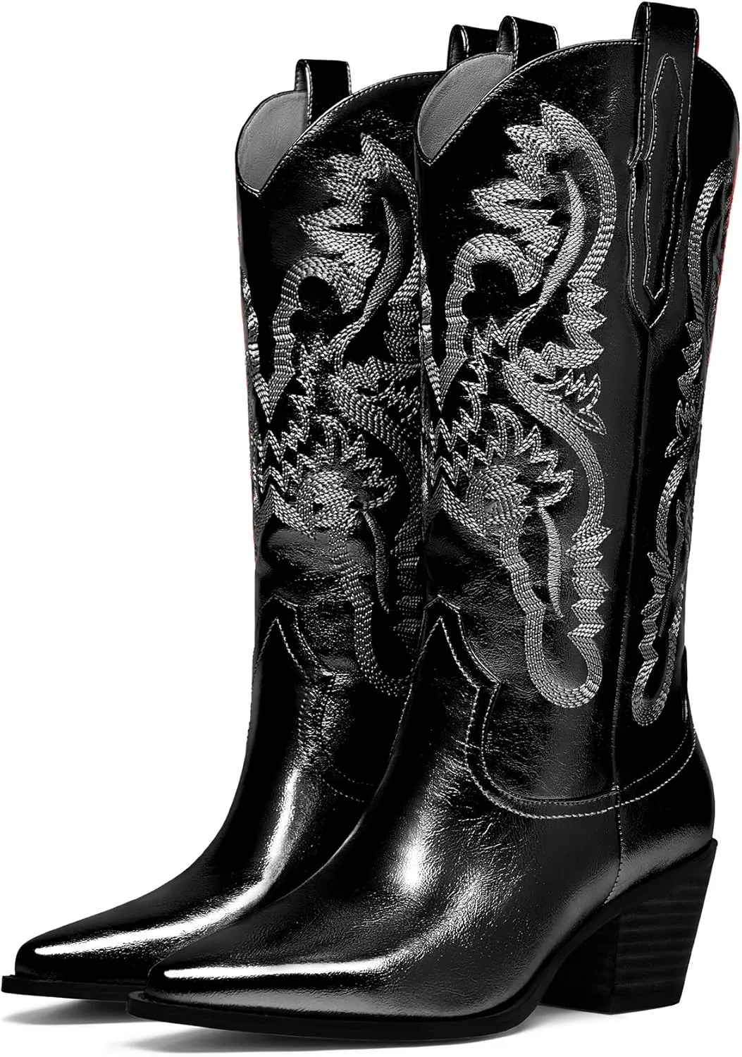 RKQ Women's Sparkle Metallic Mid Calf Cowboy Boots Glitter Wide-calf Embroidered Cowgirl Boots Western Booties Pointed Toe Chunky Block Heel Pull On Tabs classic sexy party Boots