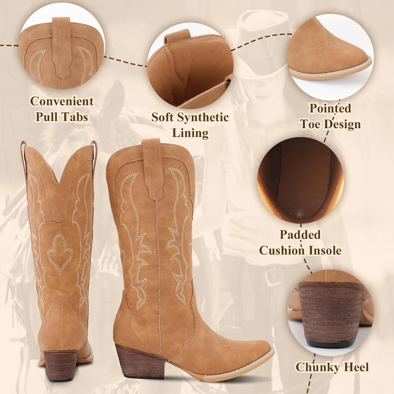 RLW Cowboy Boots for Women Cowgirl Boots Classic Knee-High Western Boots Pointy Toe with Comfortable Chunky Heel