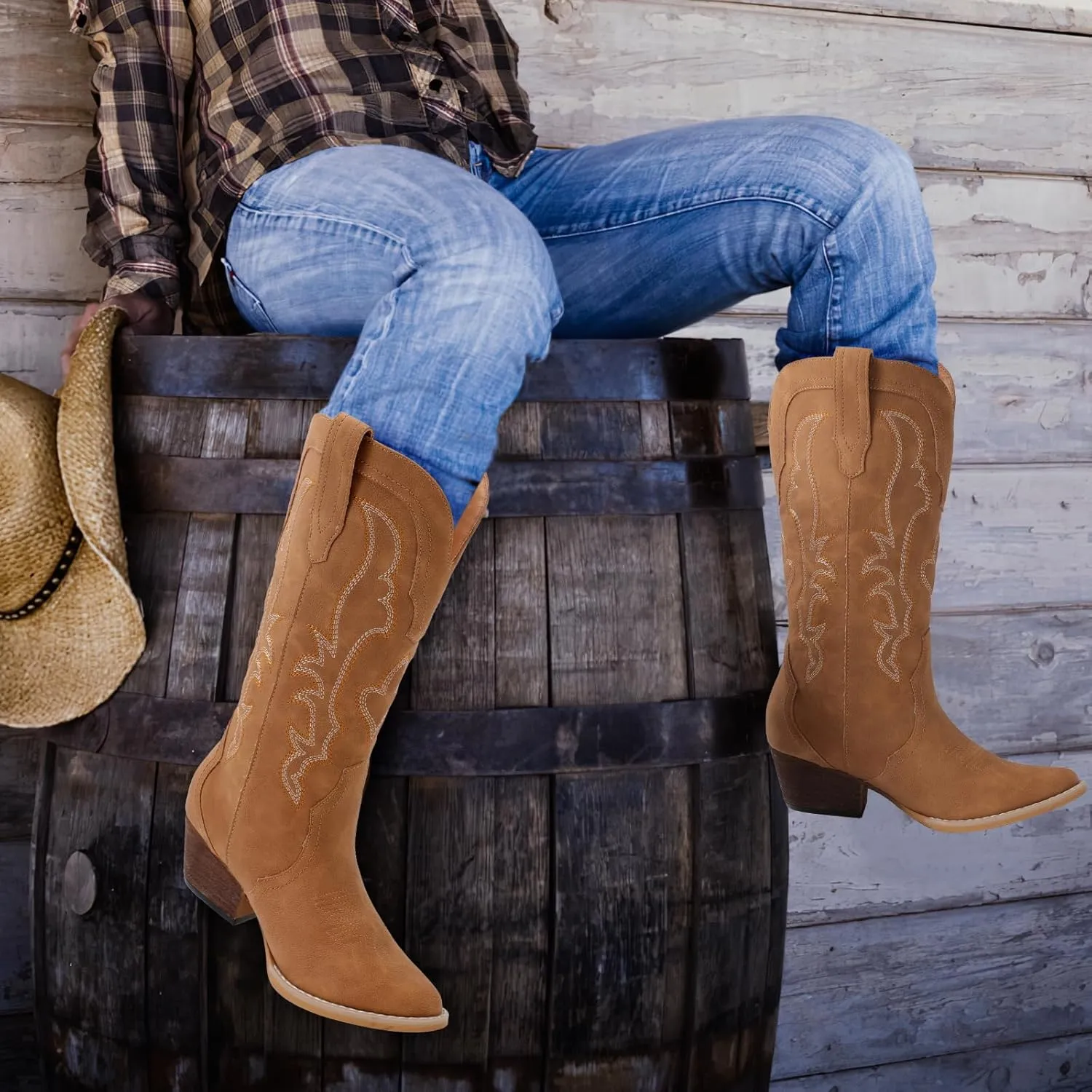 RLW Cowboy Boots for Women Cowgirl Boots Classic Knee-High Western Boots Pointy Toe with Comfortable Chunky Heel