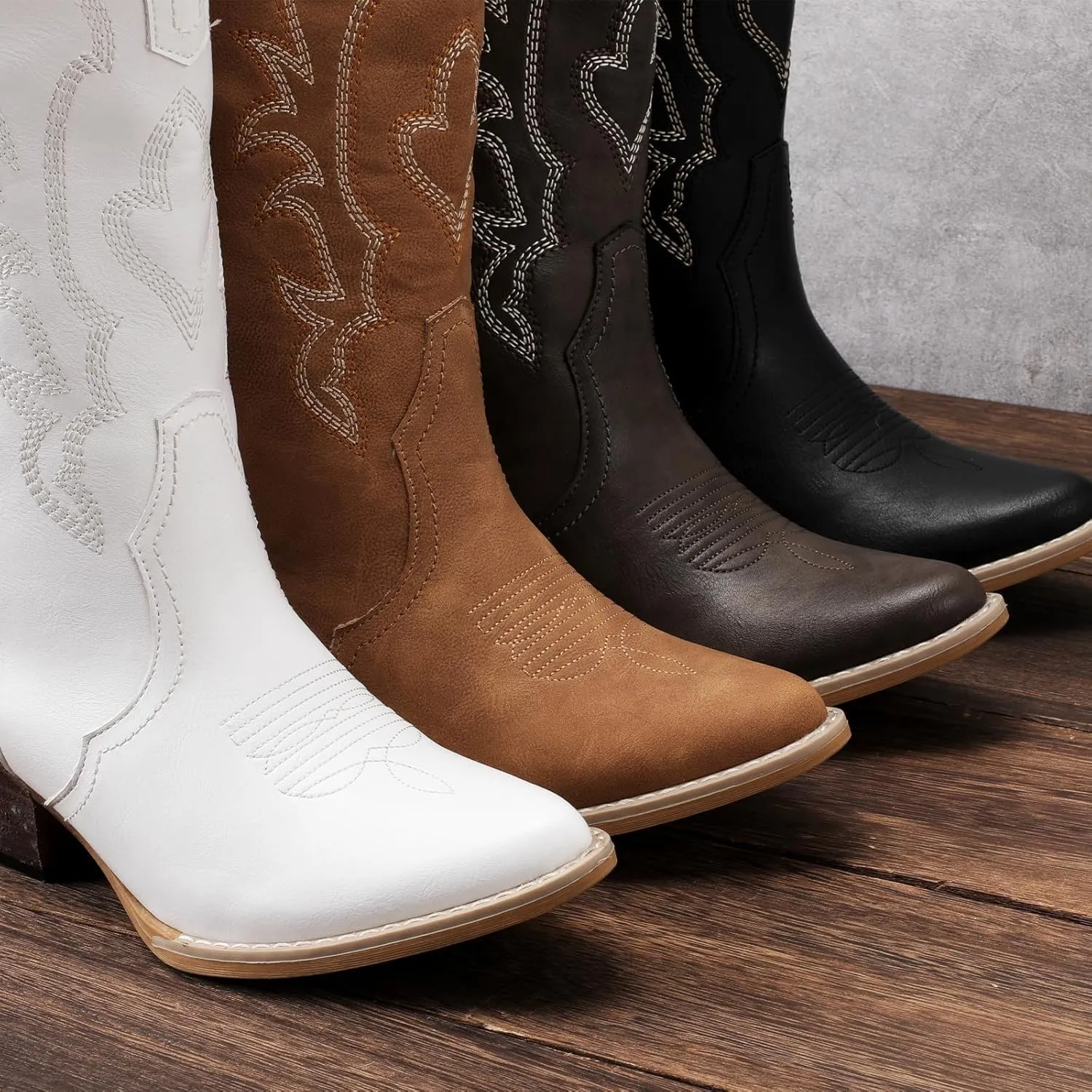 RLW Cowboy Boots for Women Cowgirl Boots Classic Knee-High Western Boots Pointy Toe with Comfortable Chunky Heel