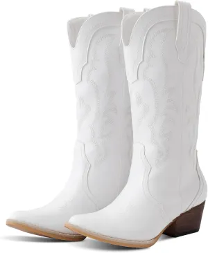 RLW Cowboy Boots for Women Cowgirl Boots Classic Knee-High Western Boots Pointy Toe with Comfortable Chunky Heel