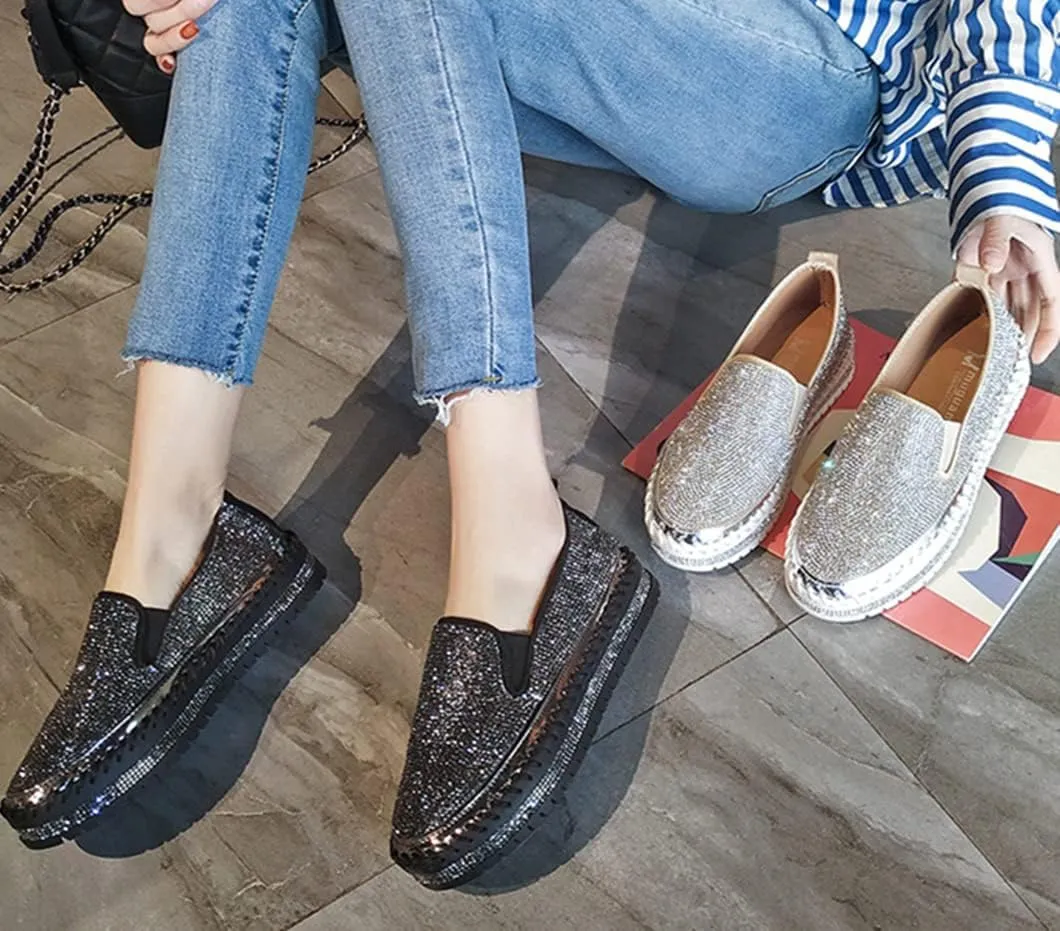 SACFOF Women Rhinestone Platform Loafers Glitter Fashion Slip-On Sparkle Bling Sequin Sneakers Casual Walking Flat Shoes