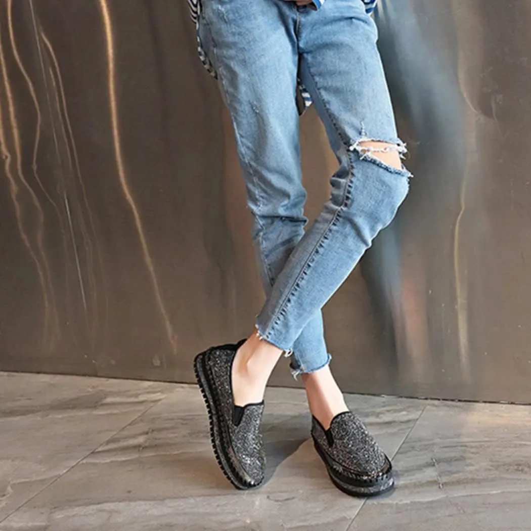 SACFOF Women Rhinestone Platform Loafers Glitter Fashion Slip-On Sparkle Bling Sequin Sneakers Casual Walking Flat Shoes