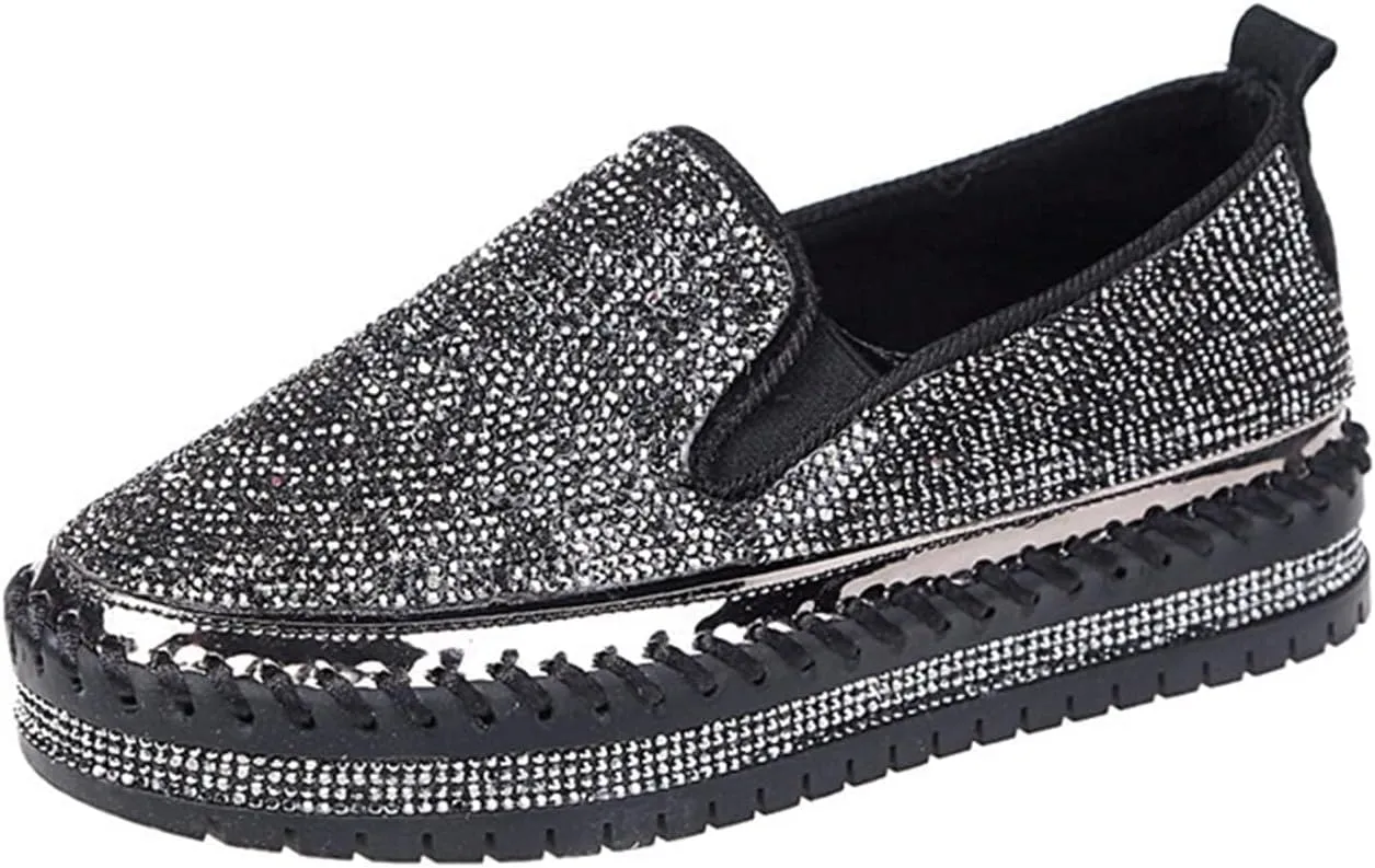 SACFOF Women Rhinestone Platform Loafers Glitter Fashion Slip-On Sparkle Bling Sequin Sneakers Casual Walking Flat Shoes