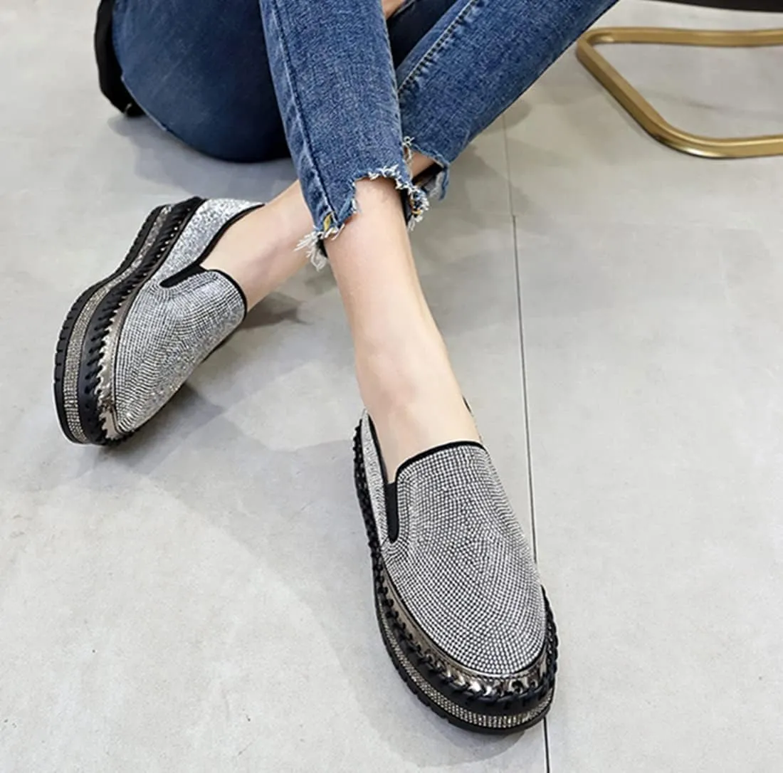 SACFOF Women Rhinestone Platform Loafers Glitter Fashion Slip-On Sparkle Bling Sequin Sneakers Casual Walking Flat Shoes