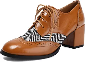 SACFOF Women's Chunky High Heels Wingtip Oxfords Round Toe Lace Up Stacked Block Heel Vintage Round Toe Brogues Pumps Shoes