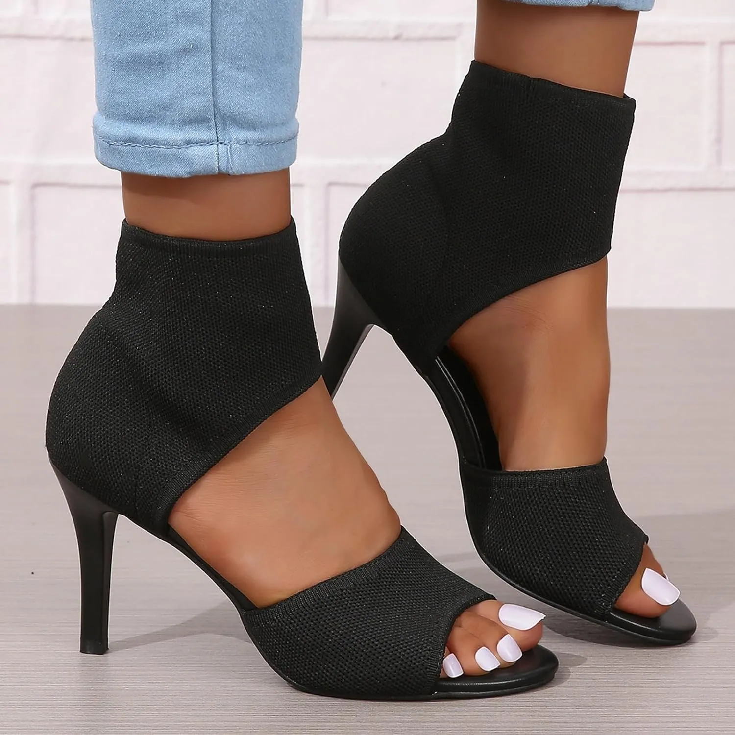 SACFOF Women's Peep Toe Stiletto Heeled Sandals Summer Stretchy Knitted Fabric Open Toe High Heels for Dressy Wedding