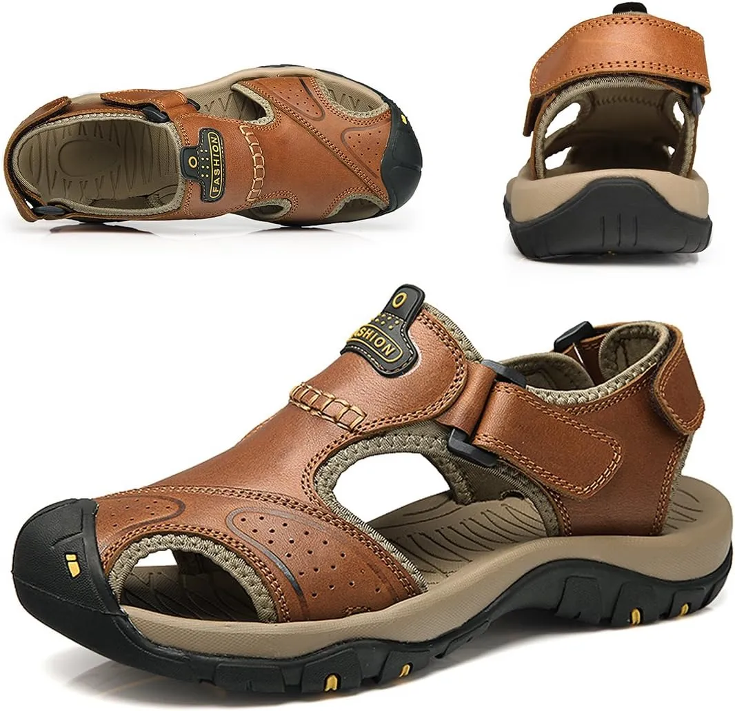 Sandals for Men Leather Hiking Sandals Athletic Walking Sports Fisherman Beach Shoes Closed Toe Water Sandals