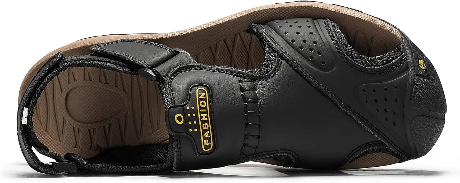 Sandals for Men Leather Hiking Sandals Athletic Walking Sports Fisherman Beach Shoes Closed Toe Water Sandals