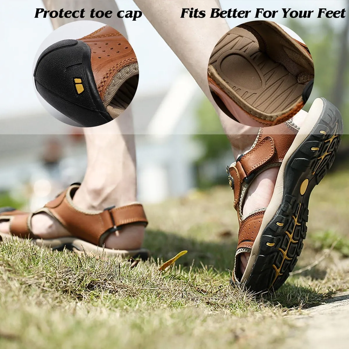 Sandals for Men Leather Hiking Sandals Athletic Walking Sports Fisherman Beach Shoes Closed Toe Water Sandals