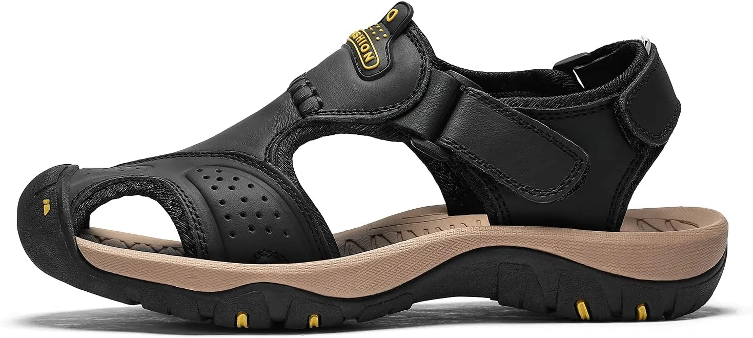 Sandals for Men Leather Hiking Sandals Athletic Walking Sports Fisherman Beach Shoes Closed Toe Water Sandals