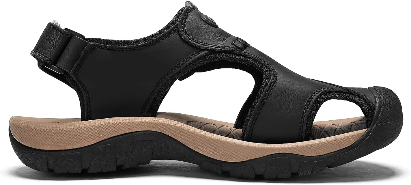 Sandals for Men Leather Hiking Sandals Athletic Walking Sports Fisherman Beach Shoes Closed Toe Water Sandals