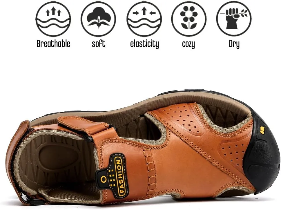 Sandals for Men Leather Hiking Sandals Athletic Walking Sports Fisherman Beach Shoes Closed Toe Water Sandals