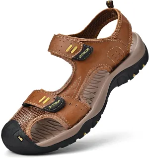 Sandals for Men Leather Hiking Sandals Athletic Walking Sports Fisherman Beach Shoes Closed Toe Water Sandals