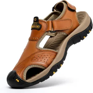 Sandals for Men Leather Hiking Sandals Athletic Walking Sports Fisherman Beach Shoes Closed Toe Water Sandals