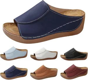 Sandals for Women 2025 Comfortable Arch Support Slides Summer Platform Wedge Sandals Solid Color Breathable Orthotic Leather Shoes Casual Slip on All Day Walking Sandal