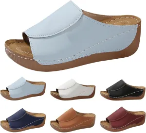 Sandals for Women 2025 Comfortable Arch Support Slides Summer Platform Wedge Sandals Solid Color Breathable Orthotic Leather Shoes Casual Slip on All Day Walking Sandal