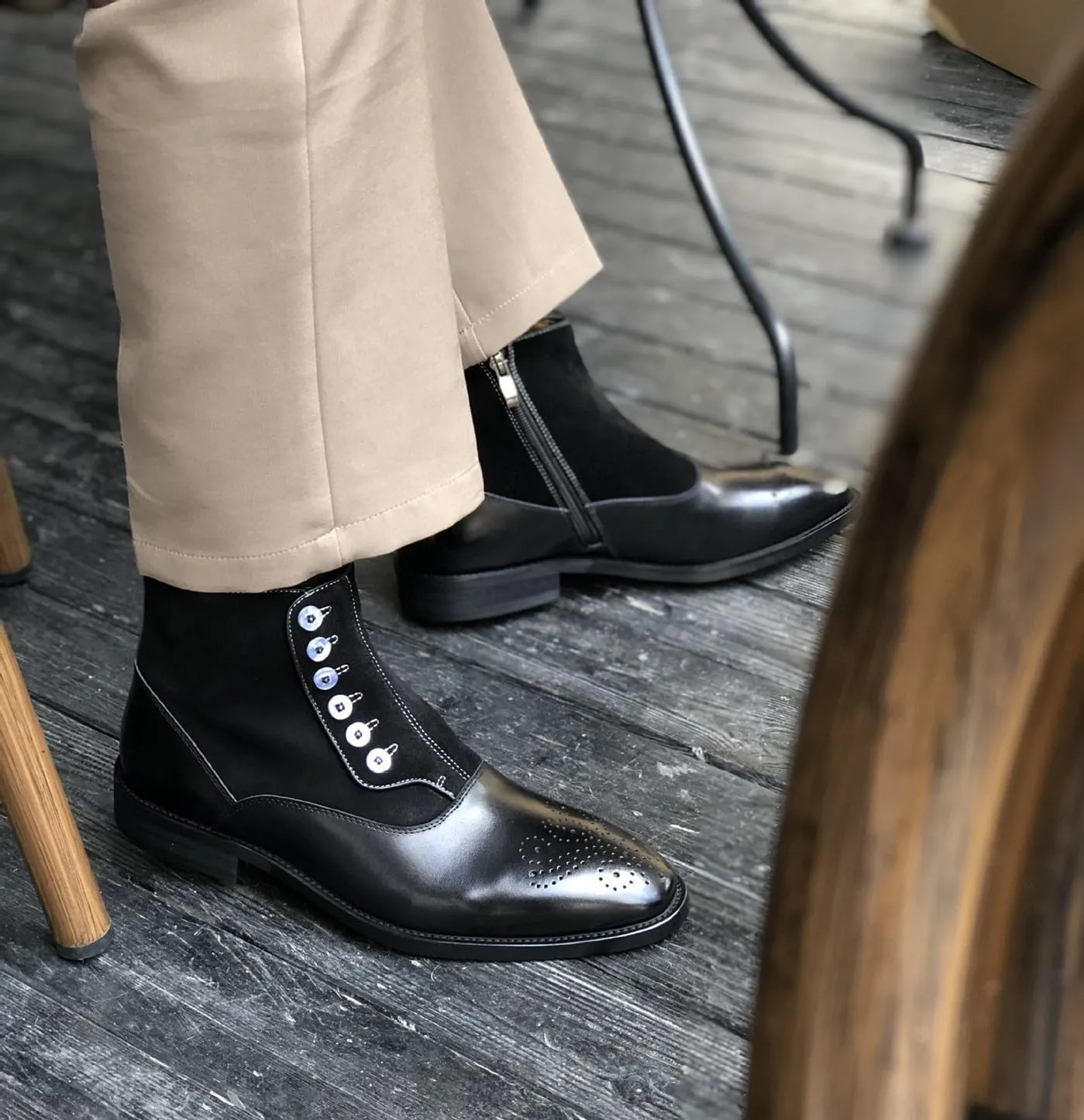 Santimon Men's Chelsea Boots Formal Dress Suede Ankle Boots Fashion Row of Buttons Two Tnoe Zipper Cowboy Boots Prom Wedding Business Casual Tuxedo Chukka Boots for Men